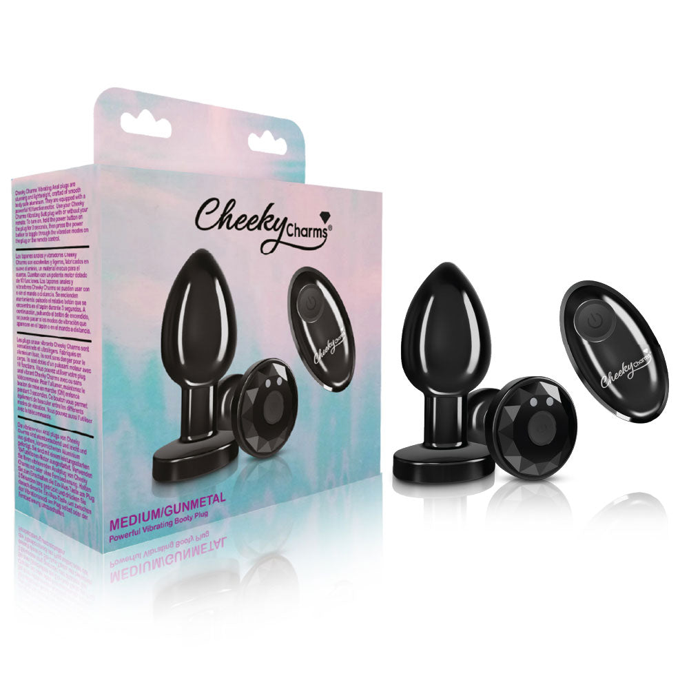 Cheeky Charms - Rechargeable Vibrating Metal Butt  Plug With Remote Control - Gunmetal - Medium