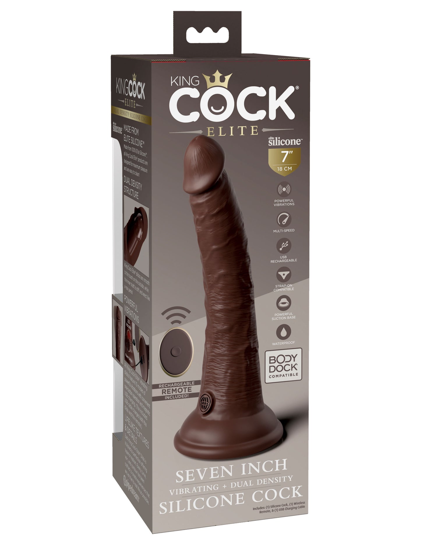 King Cock Elite 7 Inch Vibrating Silicone Dual  Silicone Dual Density Cock With Remote - Brown