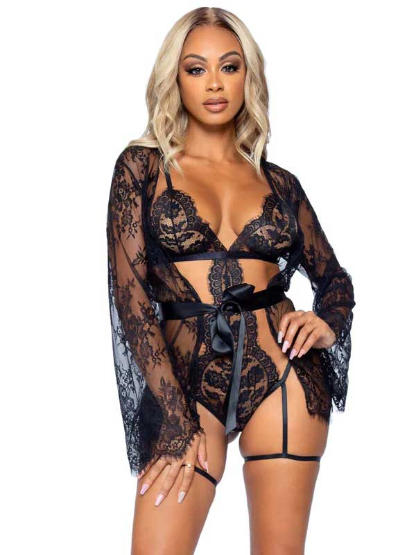 All Romance Lace Teddy and Robe Set - Small -  Black LA-86123BLKS