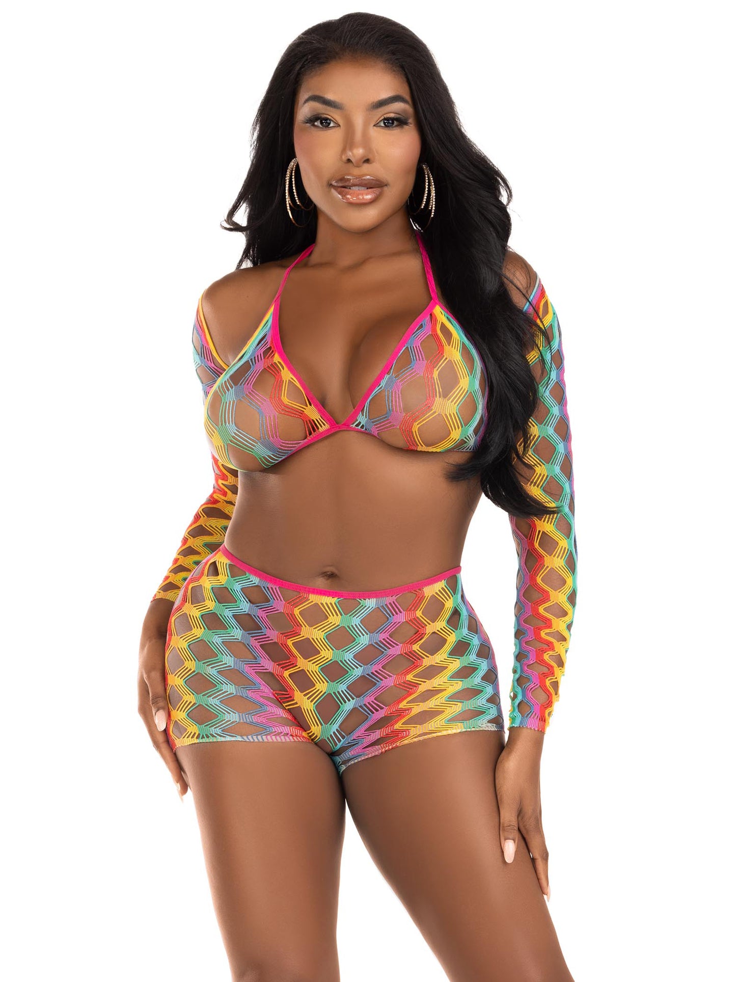 3 Pc Net Bra Top With Shrug and Boy Shorts - One  Size - Multicolor