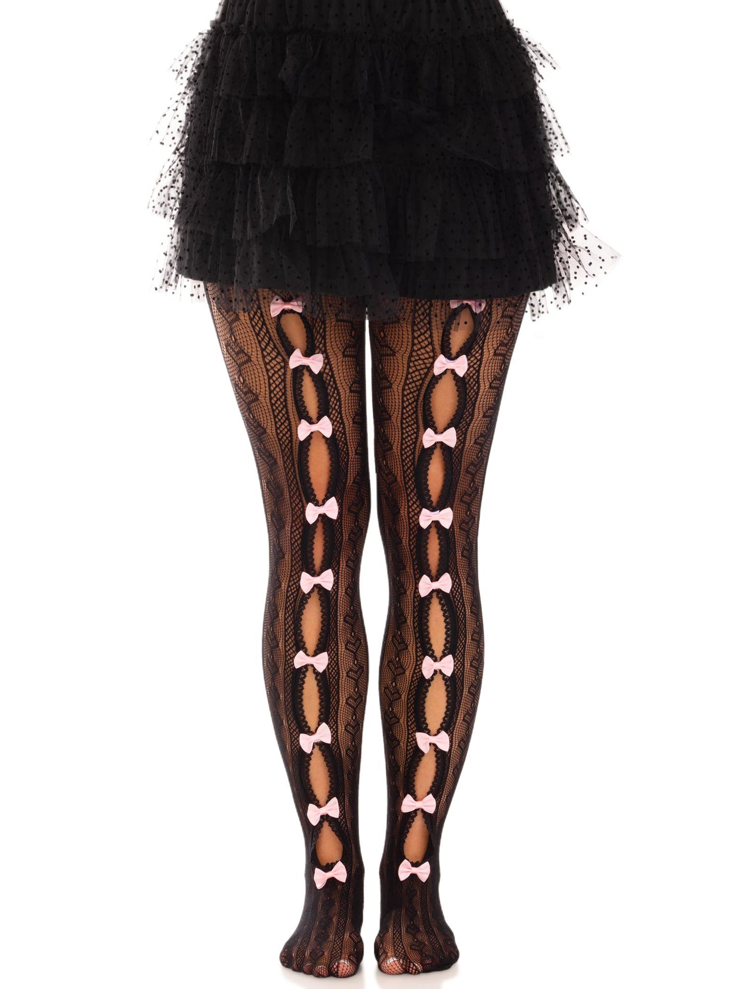 Sweetheart Striped Net Tights With Keyhole and  Mini Bow Detail - One Size - Black LA-9733BLKOS