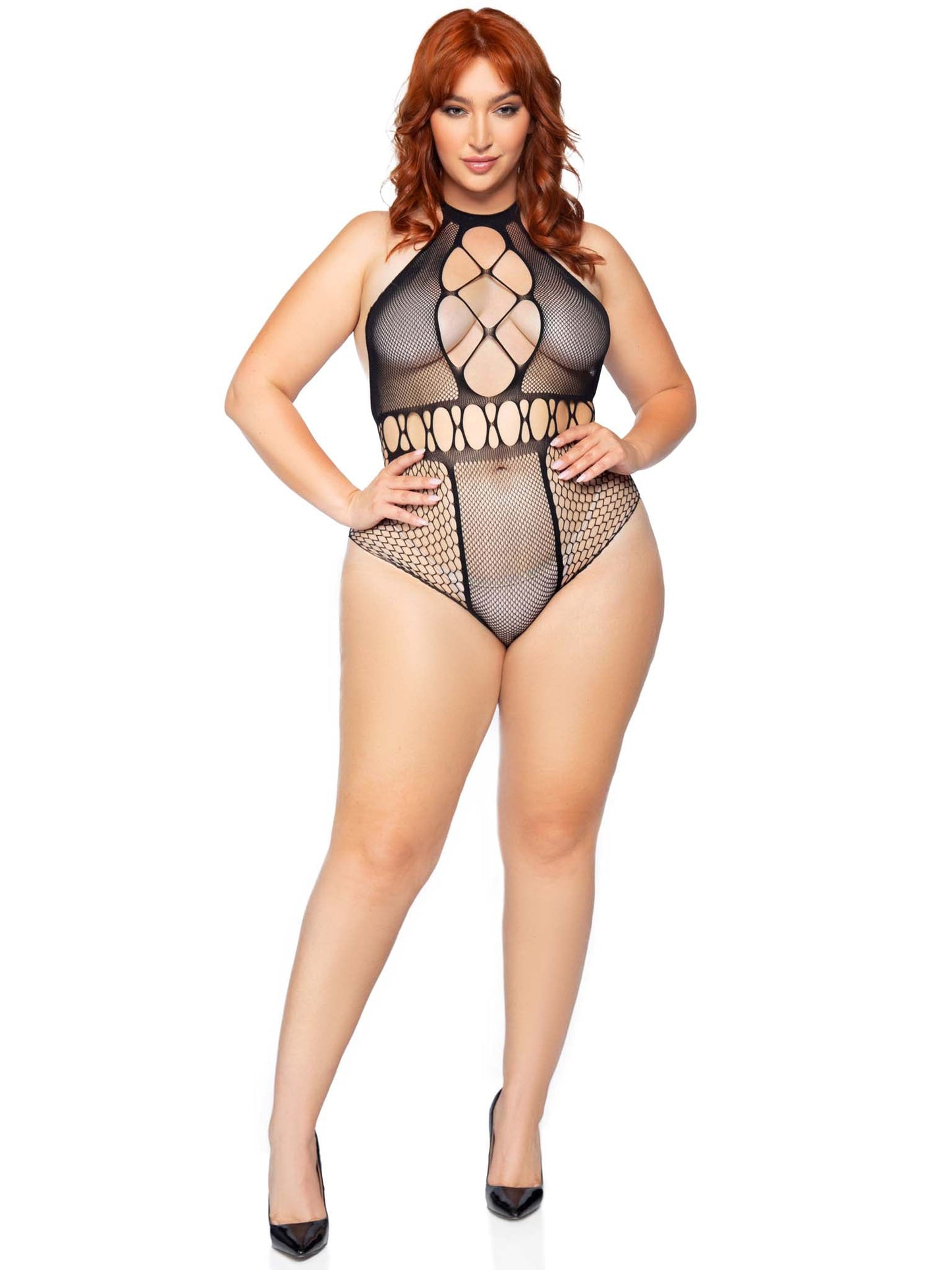 Multi Net Halter Bodysuit - 1x/2x - Black