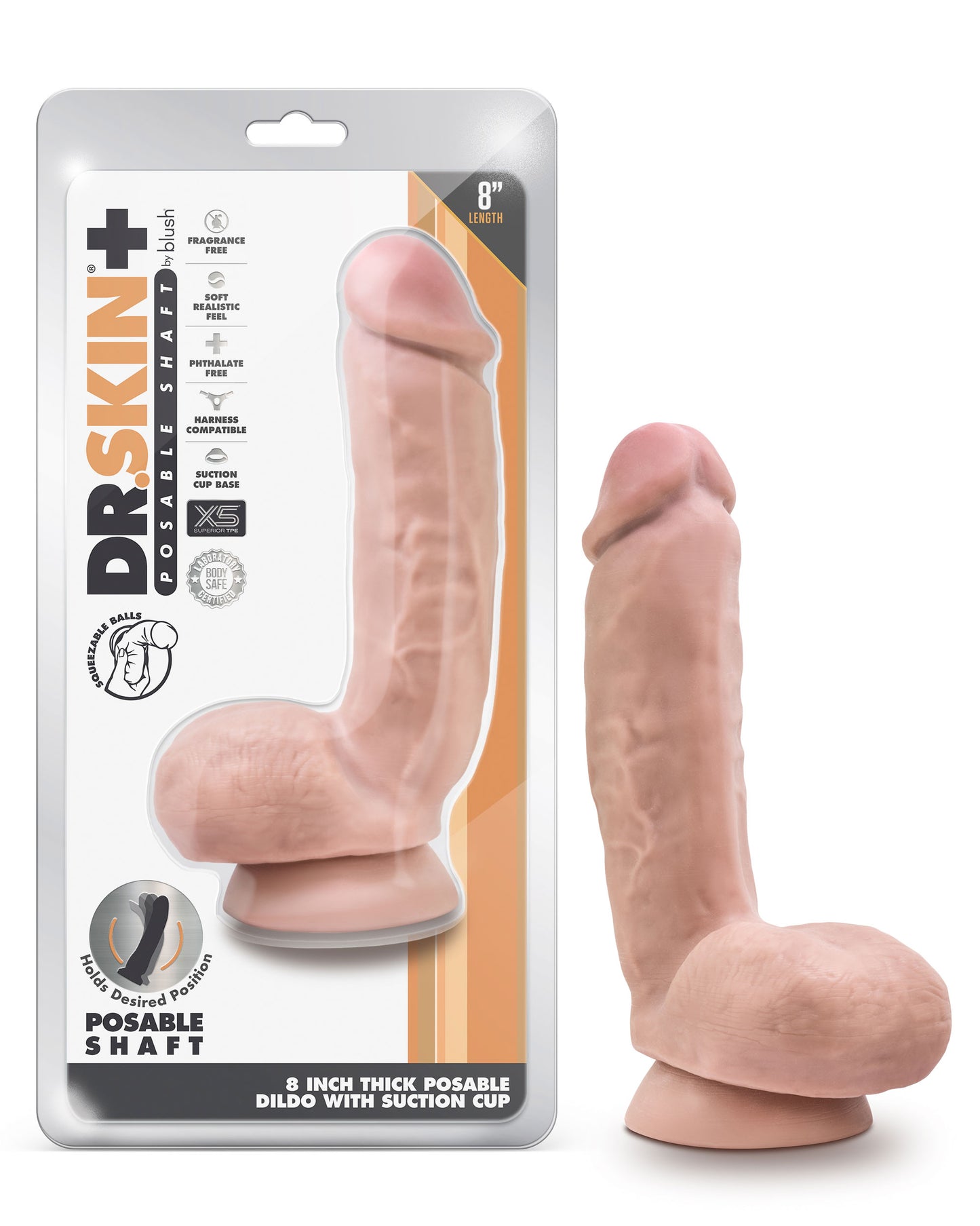 Dr. Skin Plus - 8 Inch Thick Poseable Dildo With  Squeezable Balls - Vanilla