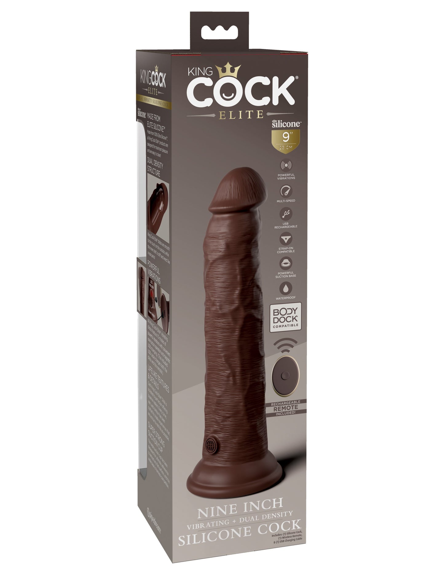 King Cock Elite 9 Inch Vibrating Silicone Dual  Density Cock With Remote - Brown