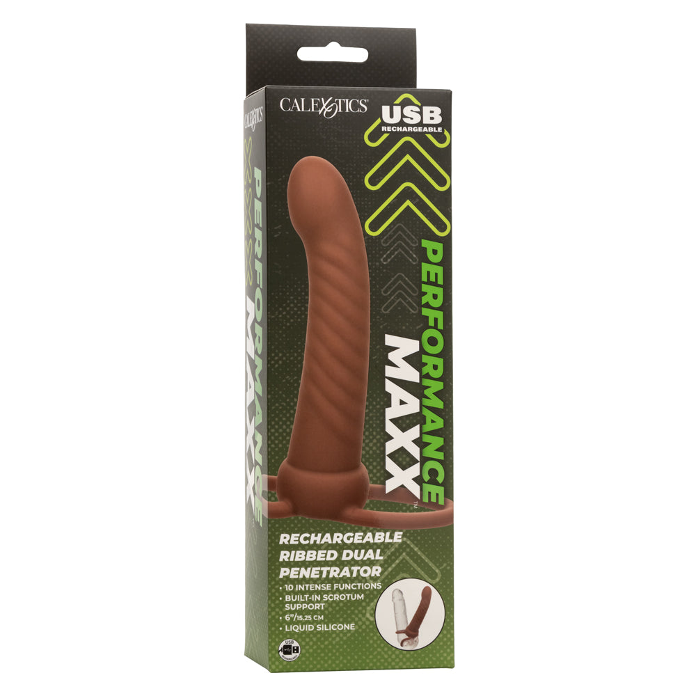 Performance Maxx Rechargeable Ribbed Dual  Penetrator - Brown