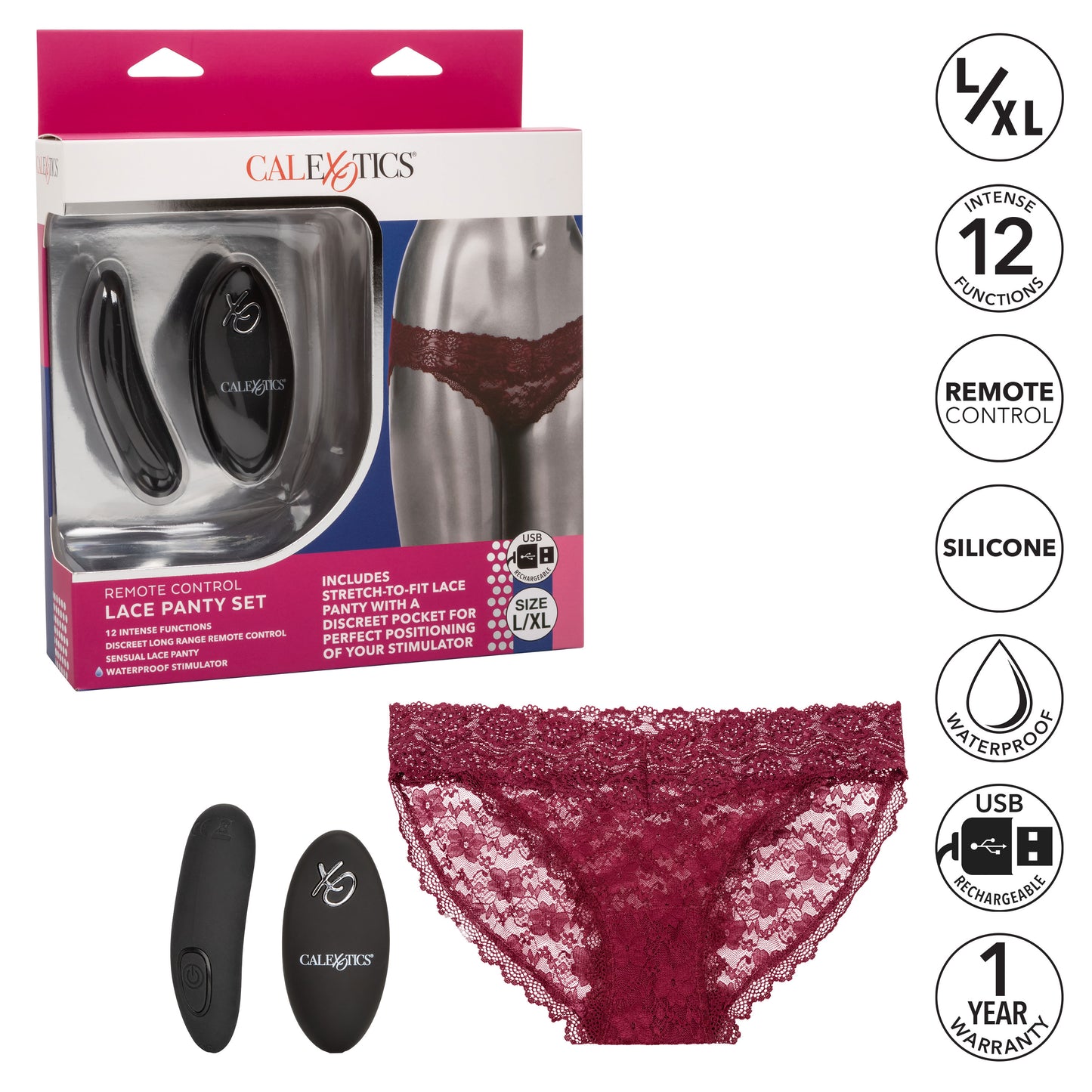 Remote Control Lace Panty Set - L/ XL - Burgundy