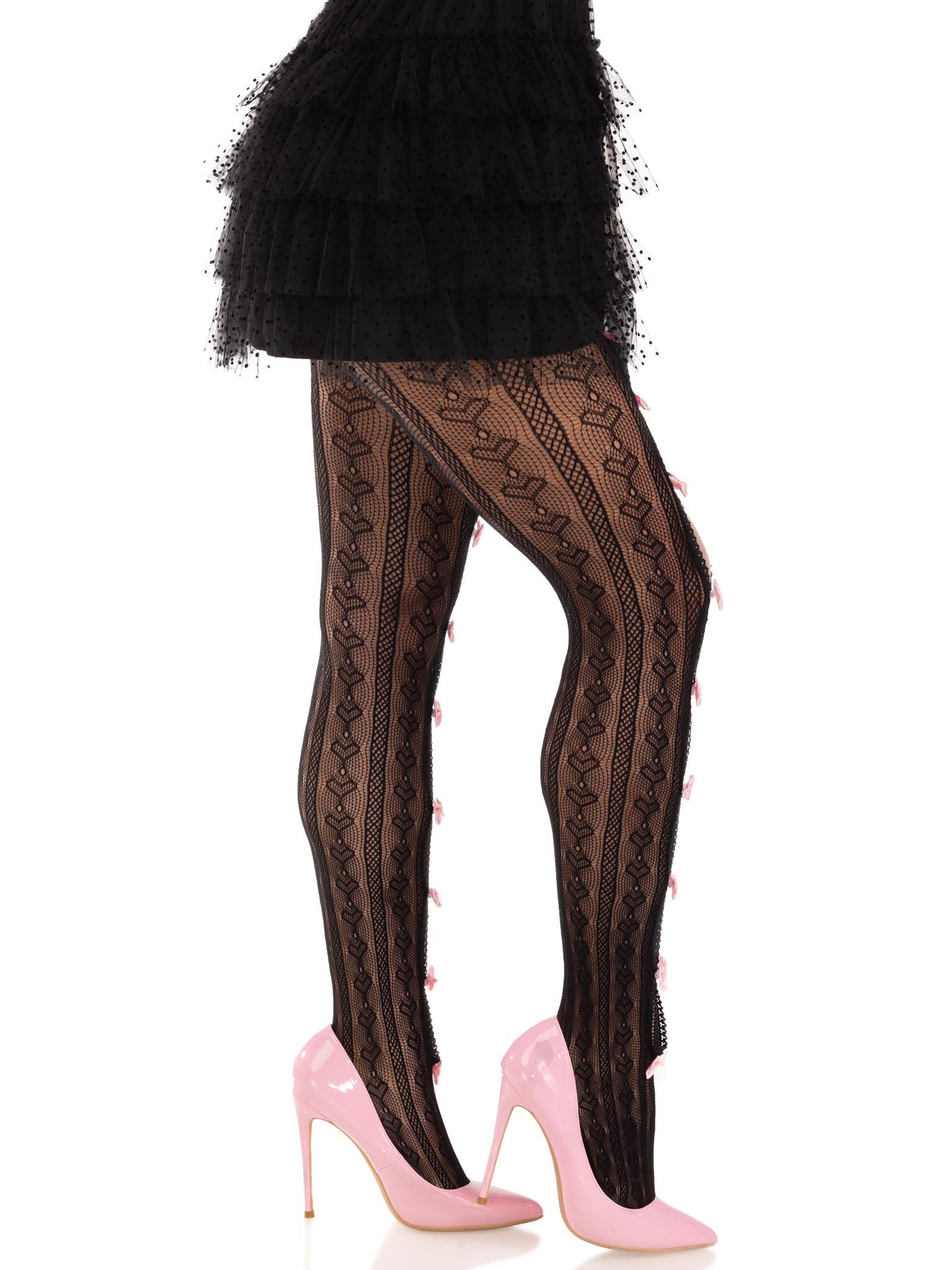 Sweetheart Striped Net Tights With Keyhole and  Mini Bow Detail - One Size - Black