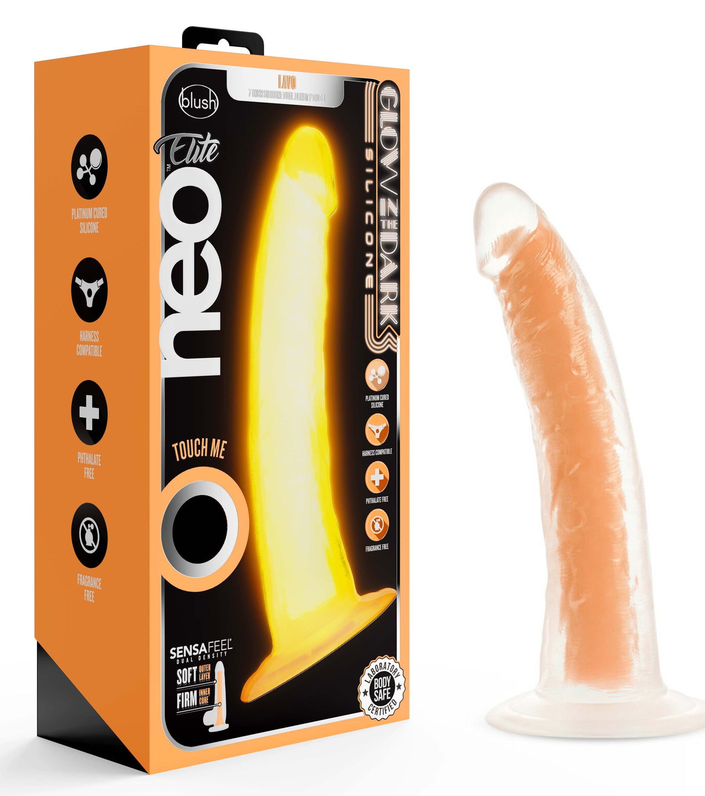 Neo Elite Glow in the Dark - Lavo - 7 Inch  Silicone Dual Density Dildo - Neon Orange